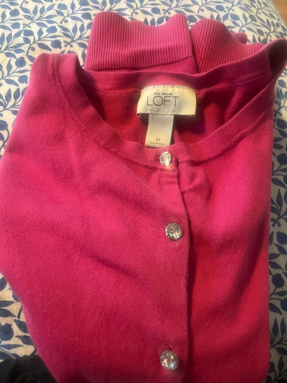 LOFT Fuchsia Crewneck Cardigan with Crystal Buttons - Picture 4 of 8